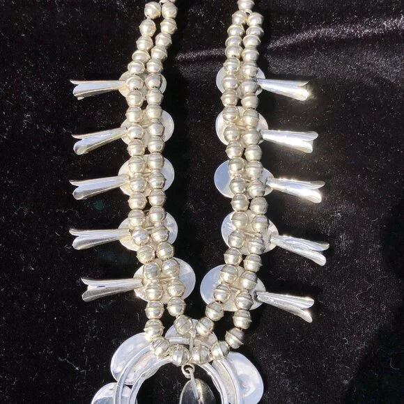 Vintage Sterling Silver Navajo Kingman Turquoise Squash Blossom Necklace Jewelry - Picture 12 of 16